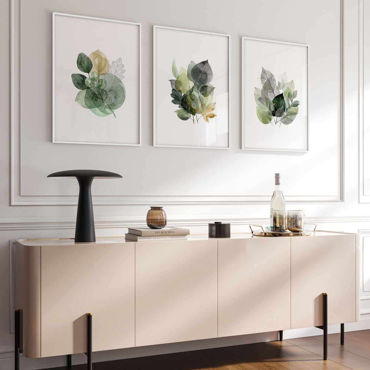Prints for Living Room Botanical Green & Gold-Tone Watercolour Leaves | Set of 3