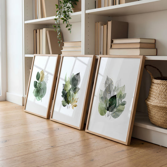 Prints for Living Room Botanical Green & Gold-Tone Watercolour Leaves | Set of 3