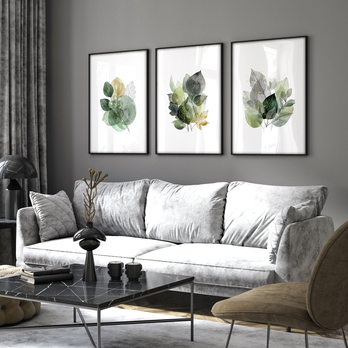 Prints for Living Room Botanical Green & Gold-Tone Watercolour Leaves | Set of 3