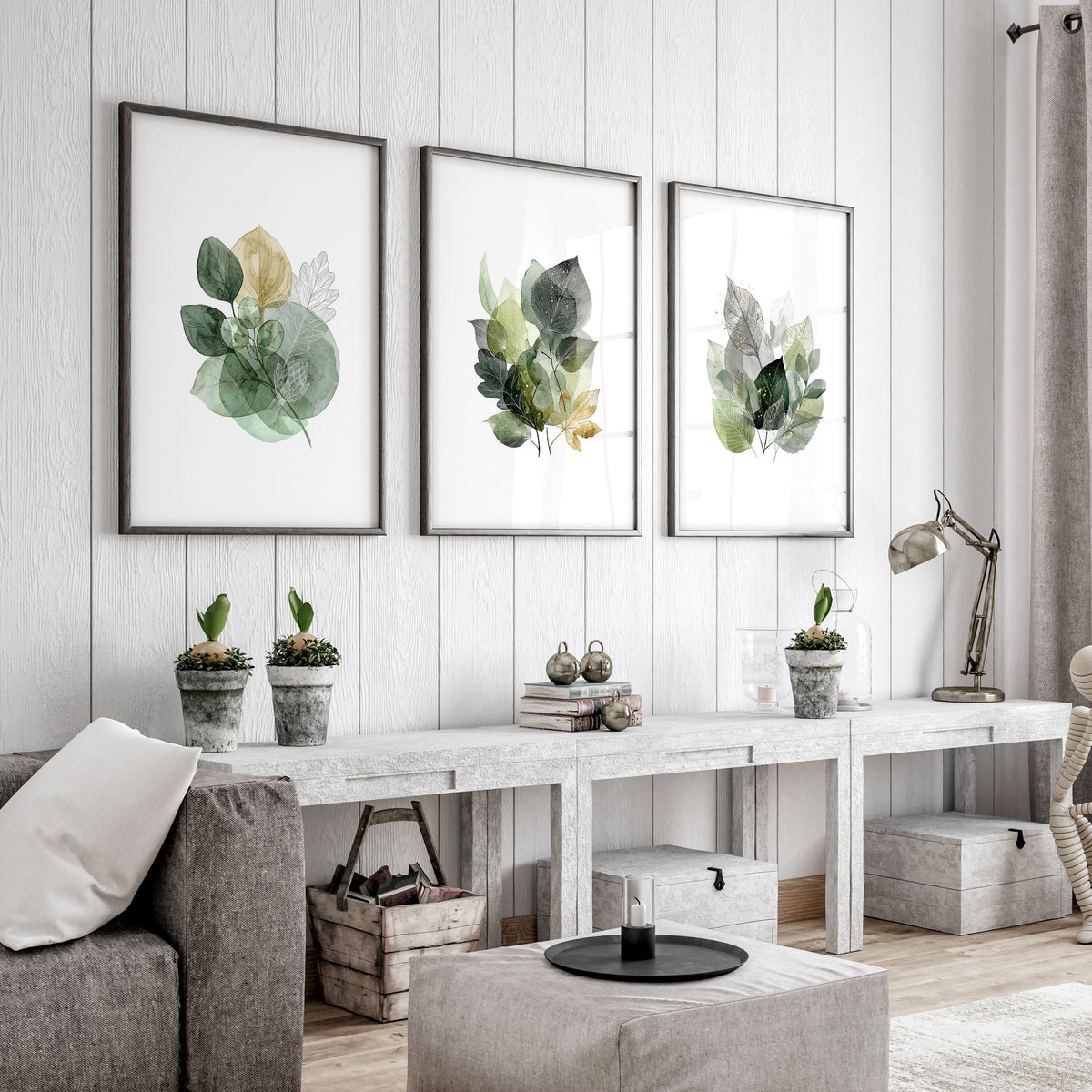 Prints for Living Room Botanical Green & Gold-Tone Watercolour Leaves | Set of 3
