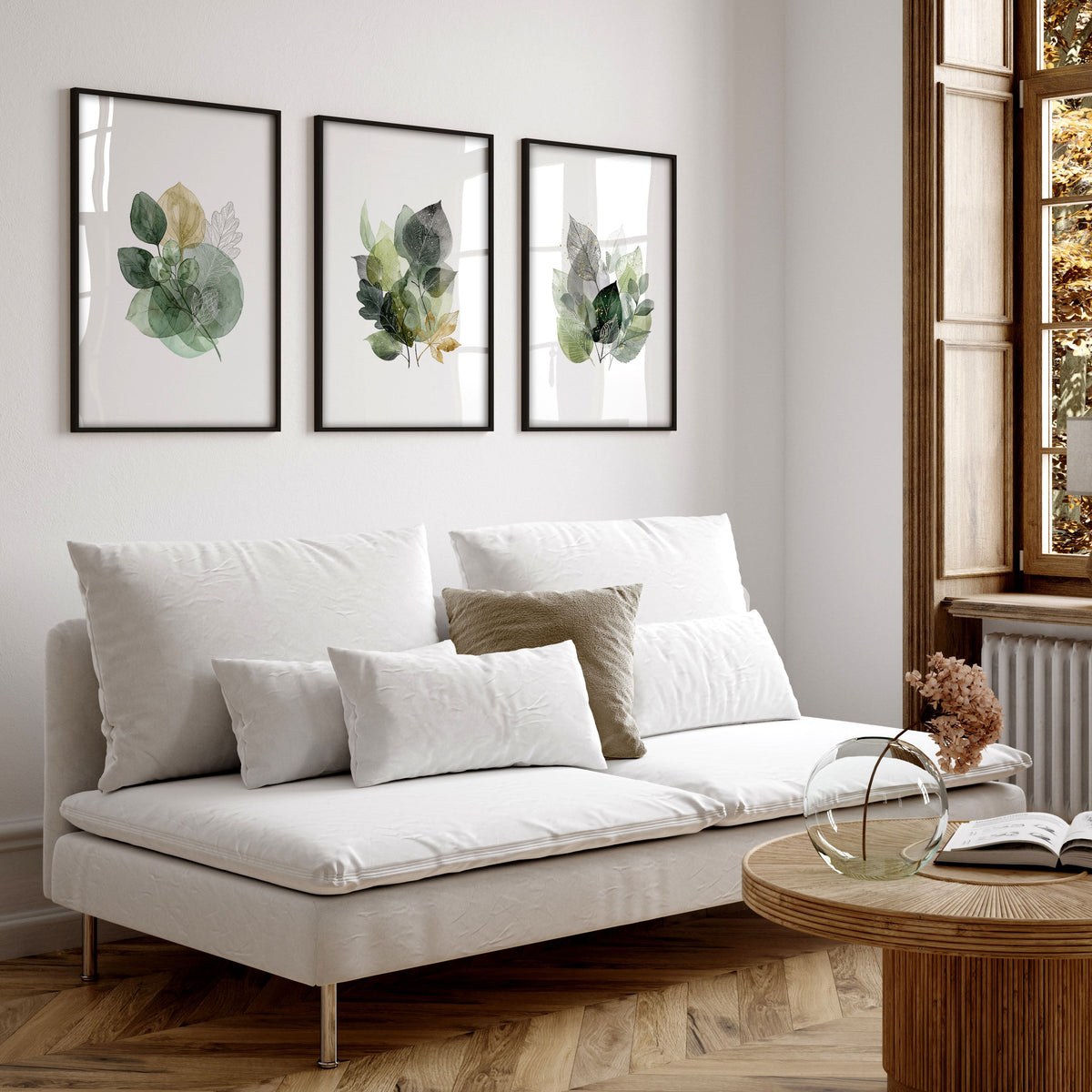 Prints for Living Room Botanical Green & Gold-Tone Watercolour Leaves | Set of 3