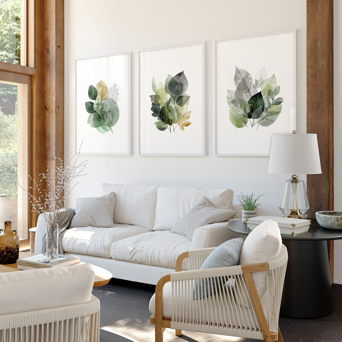 Prints for Living Room Botanical Green & Gold-Tone Watercolour Leaves | Set of 3