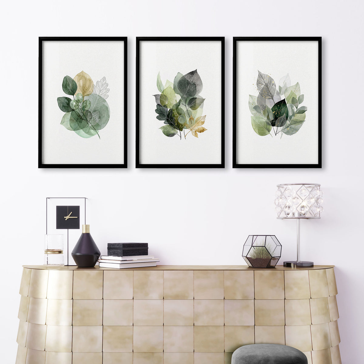 Prints for Living Room Botanical Green & Gold-Tone Watercolour Leaves | Set of 3