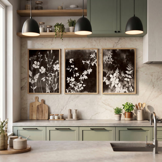 Prints for the Kitchen French Country Dark Botanical Wildflowers & Leaves Mink Tones | Set of 3