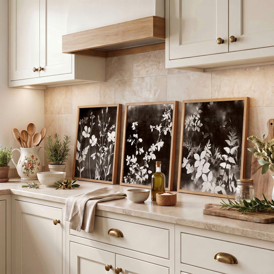 Prints for the Kitchen French Country Dark Botanical Wildflowers & Leaves Mink Tones | Set of 3