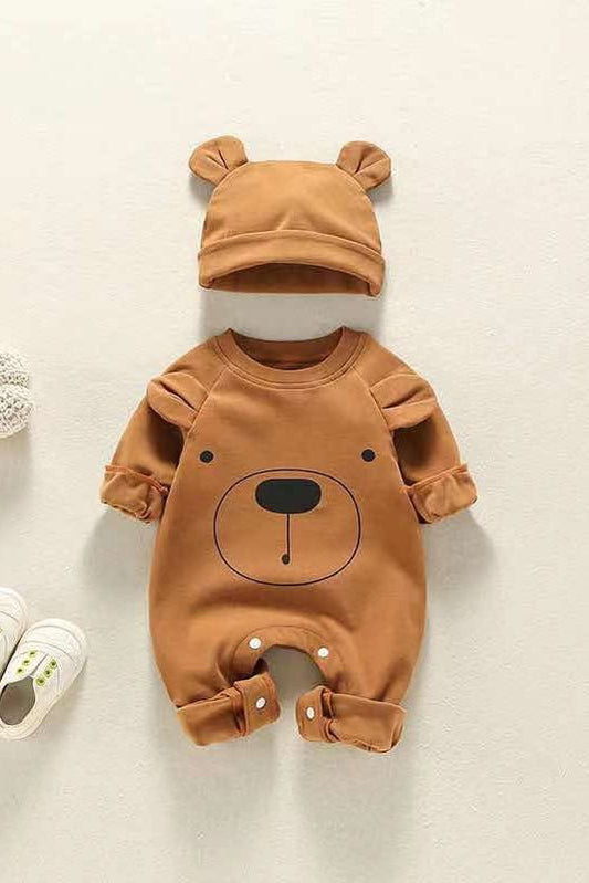 Bear Patch Romper, Hat - Brown or White