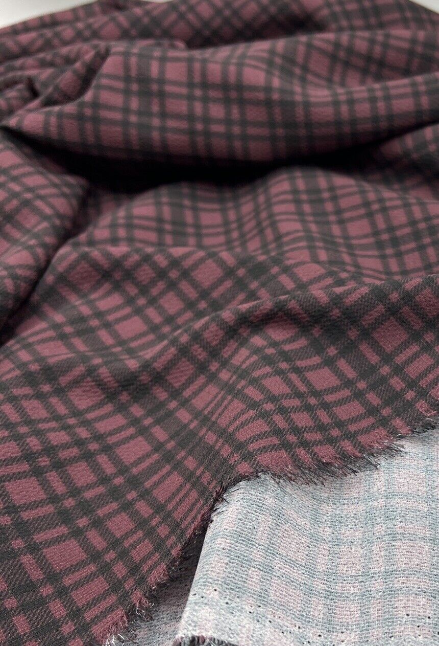 Purple Black Check Print Bubble Crepe Non Stretch Fabric