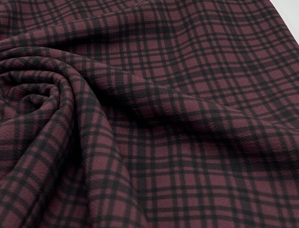 Purple Black Check Print Bubble Crepe Non Stretch Fabric