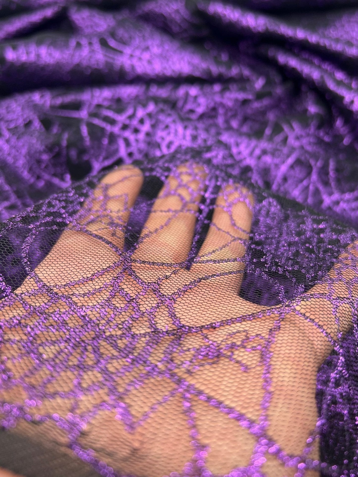 Purple Black Cobweb Halloween Print Mesh Fabric Stretch