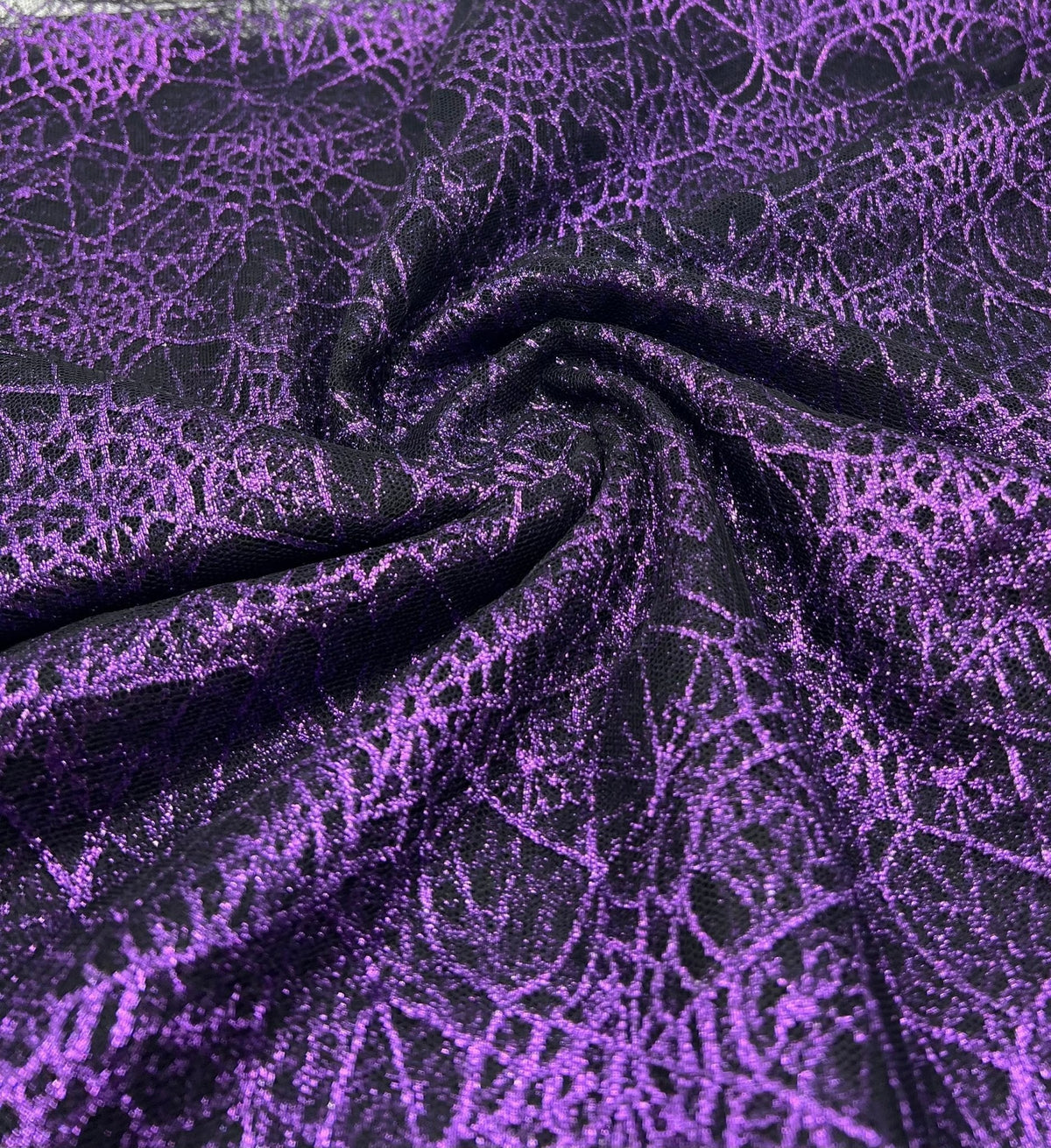 Purple Black Cobweb Halloween Print Mesh Fabric Stretch