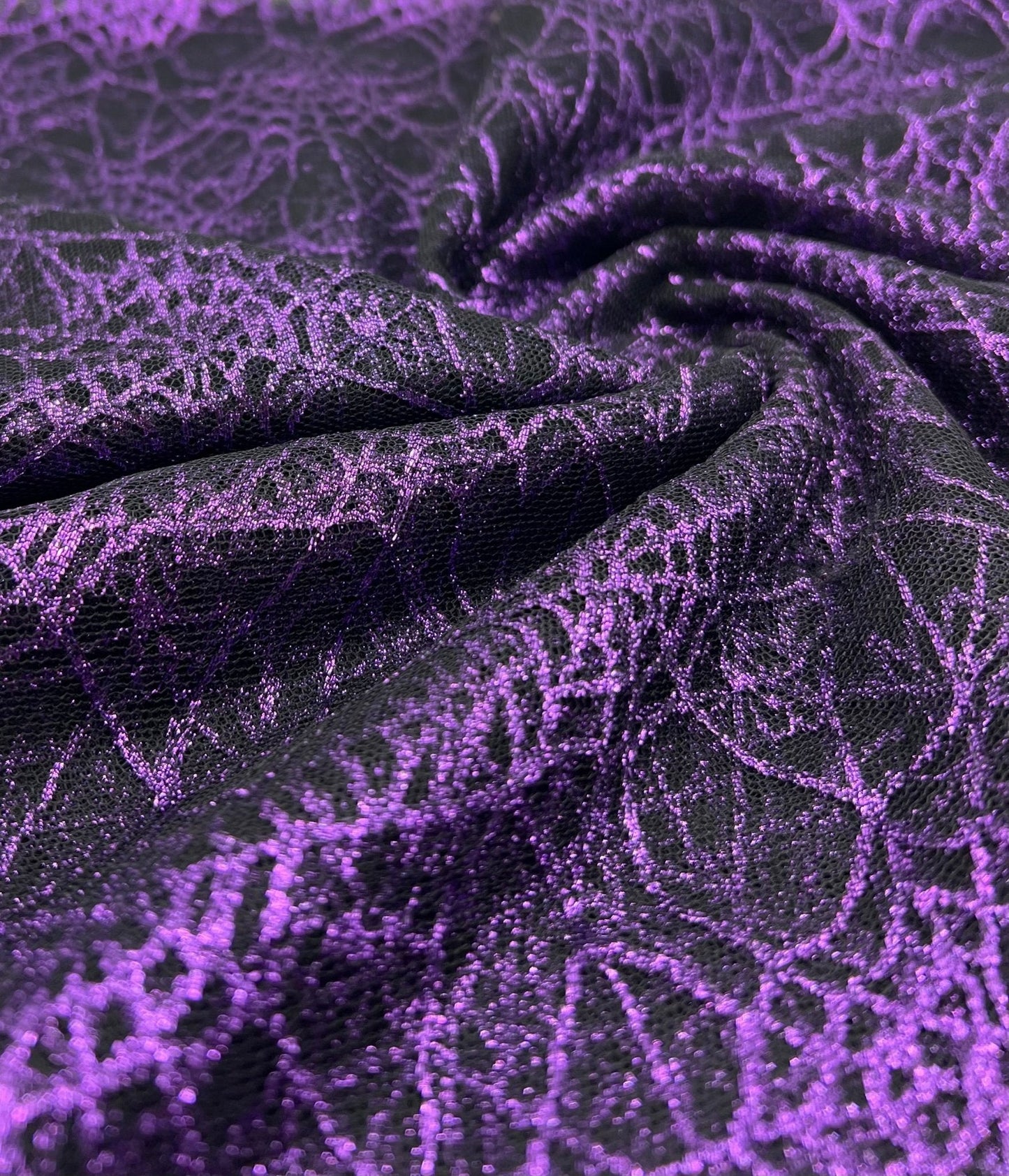 Purple Black Cobweb Halloween Print Mesh Fabric Stretch
