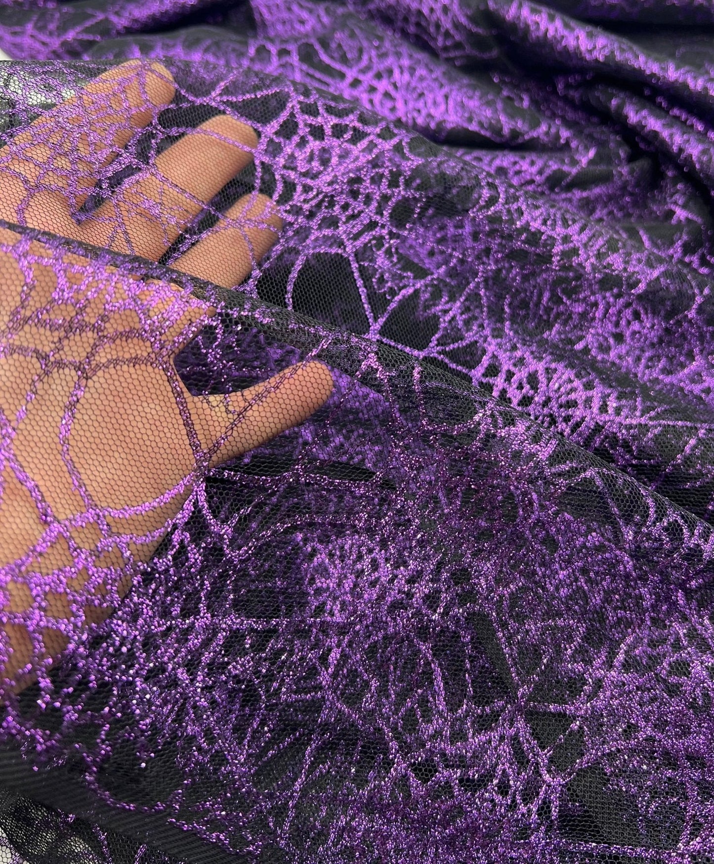Purple Black Cobweb Halloween Print Mesh Fabric Stretch