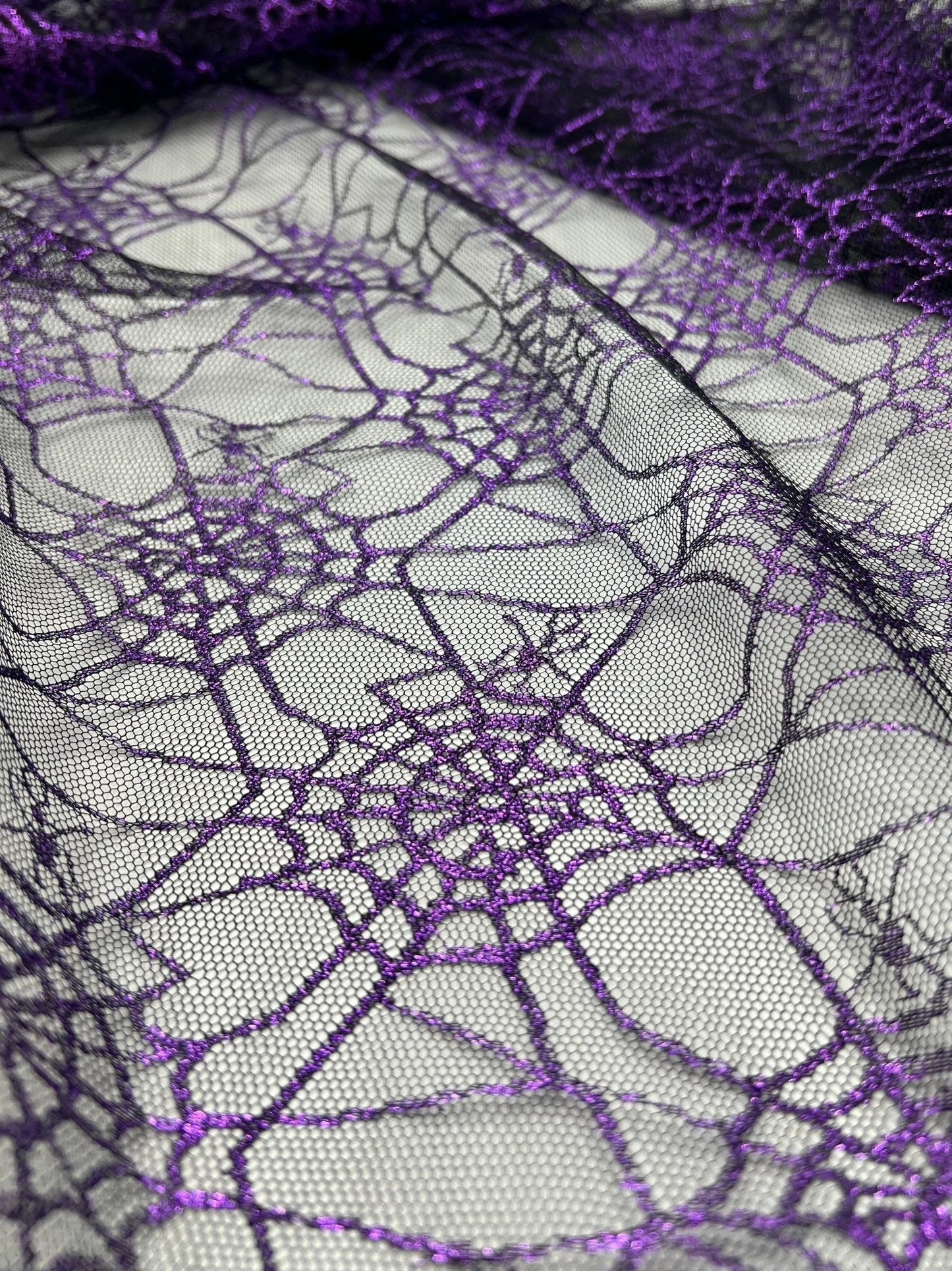 Purple Black Cobweb Halloween Print Mesh Fabric Stretch
