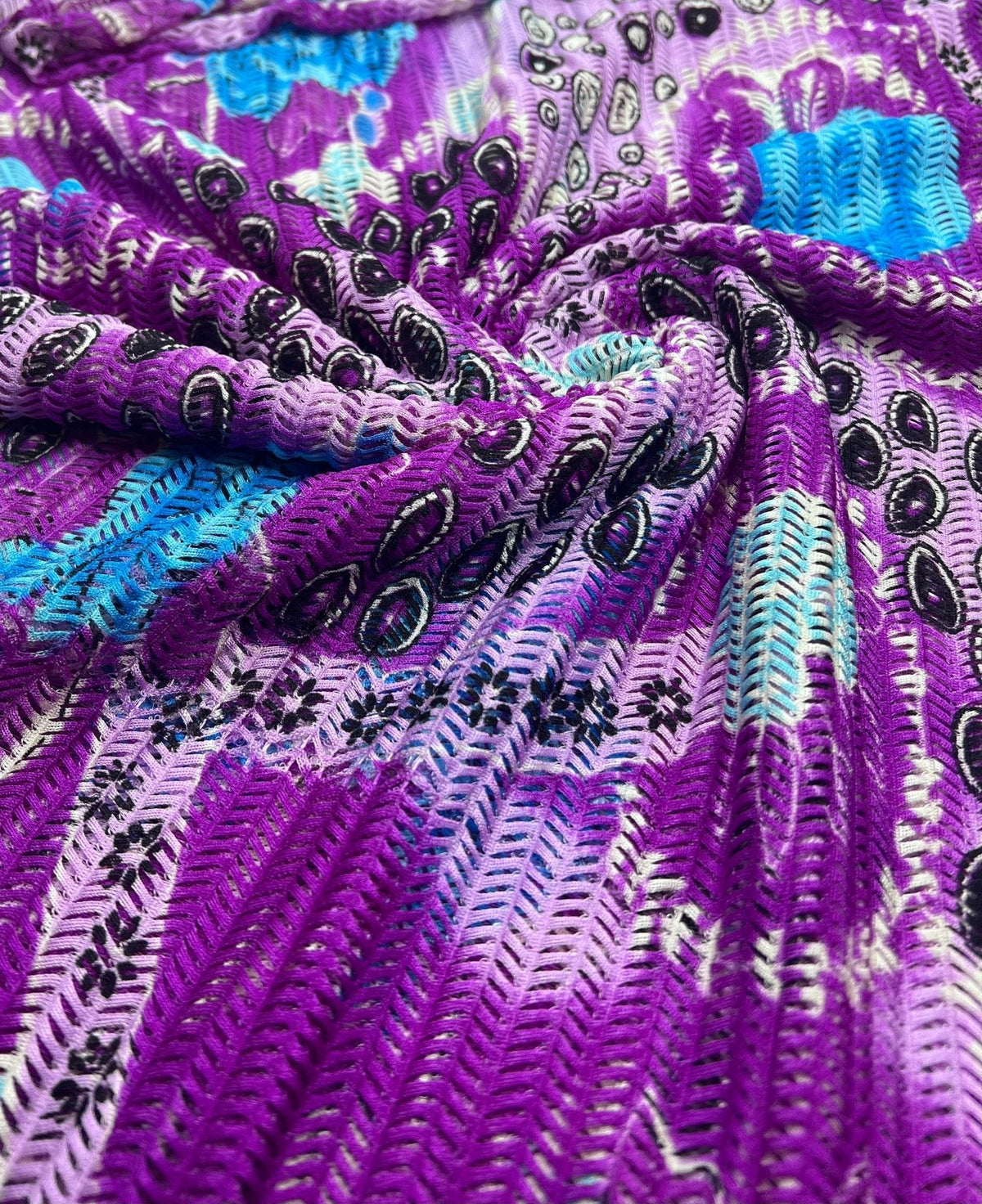 Purple Peacock Chevron Ladder Raschel Knit 4 Way Stretch Fabric