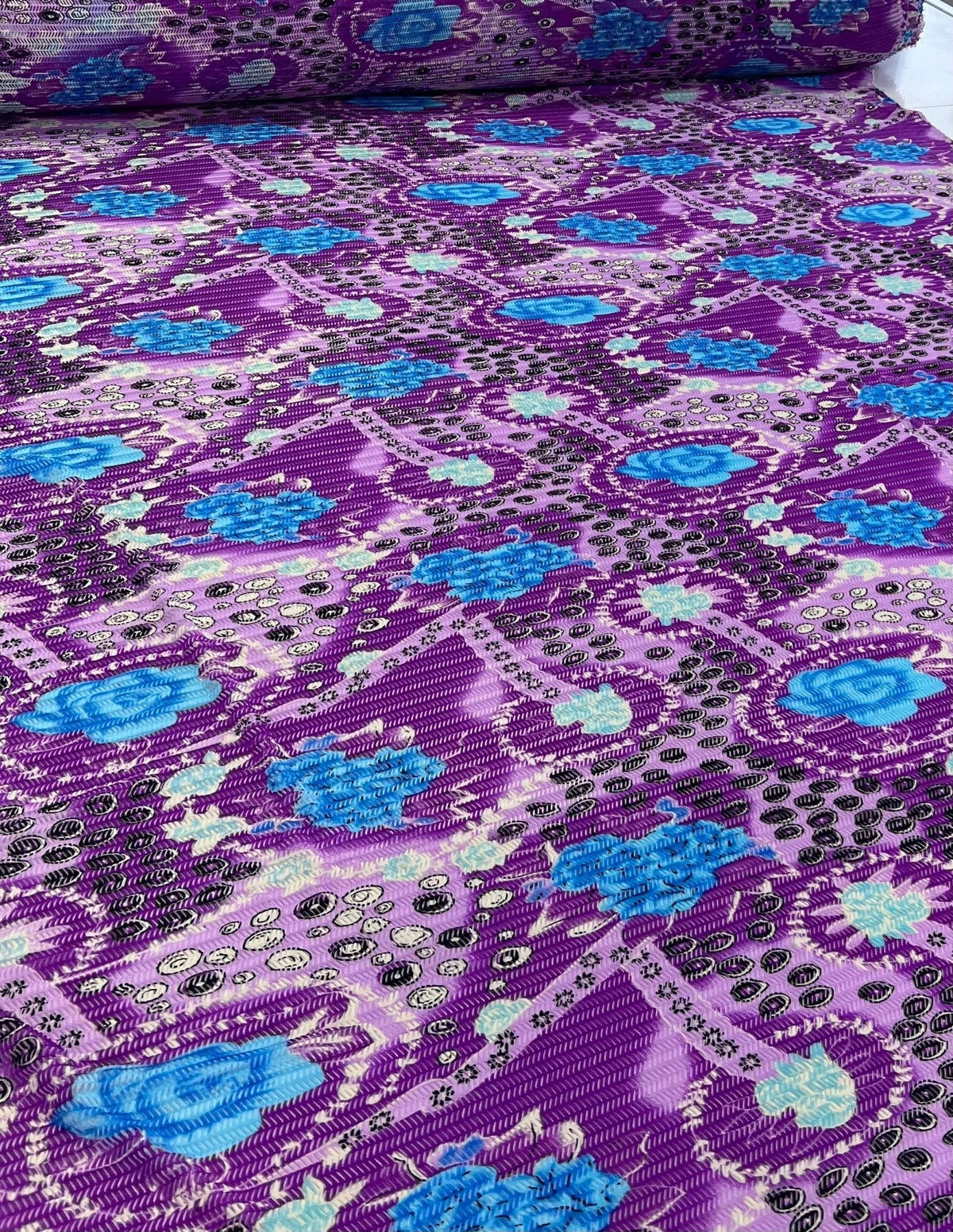 Purple Peacock Chevron Ladder Raschel Knit 4 Way Stretch Fabric