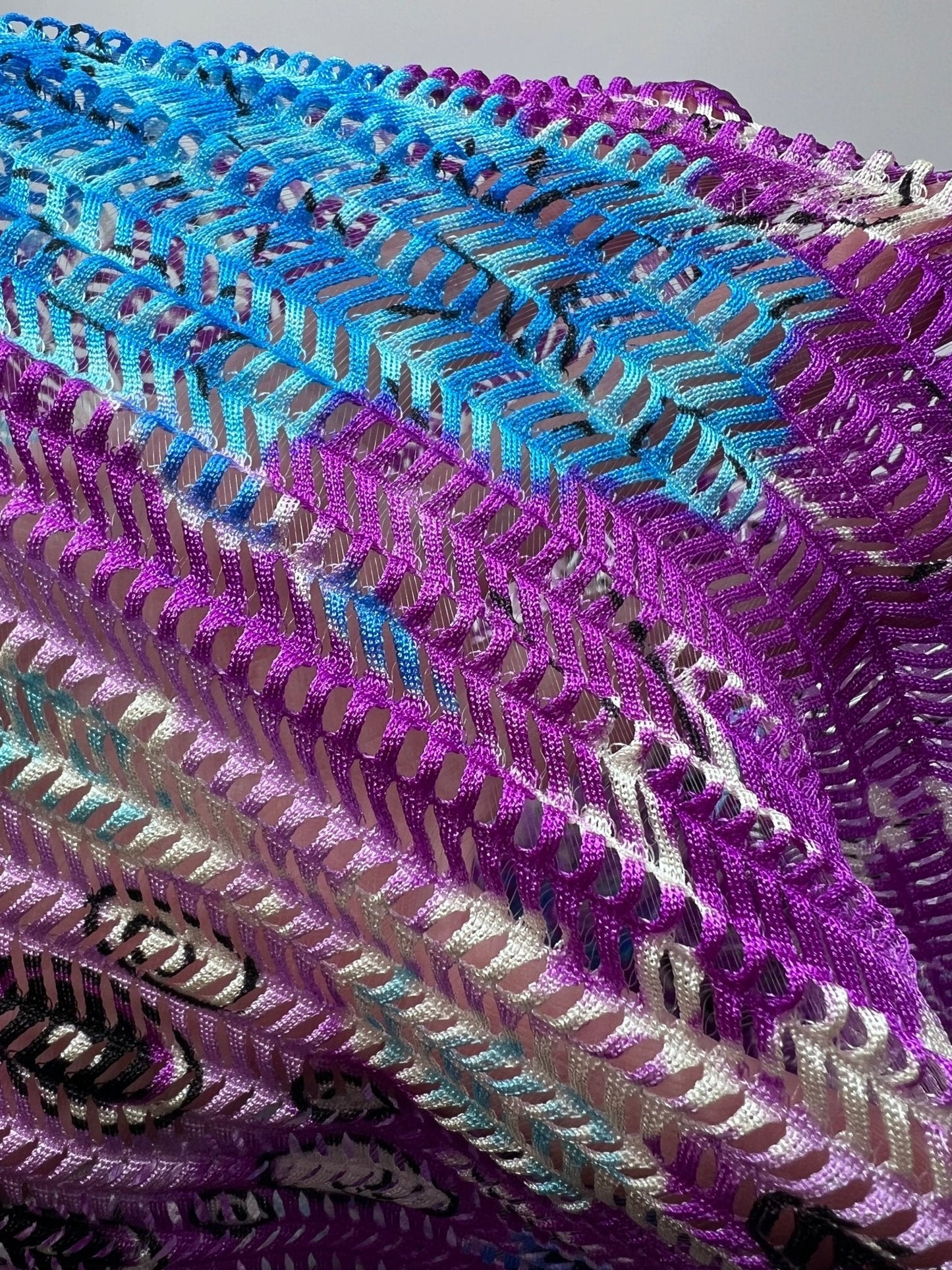 Purple Peacock Chevron Ladder Raschel Knit 4 Way Stretch Fabric