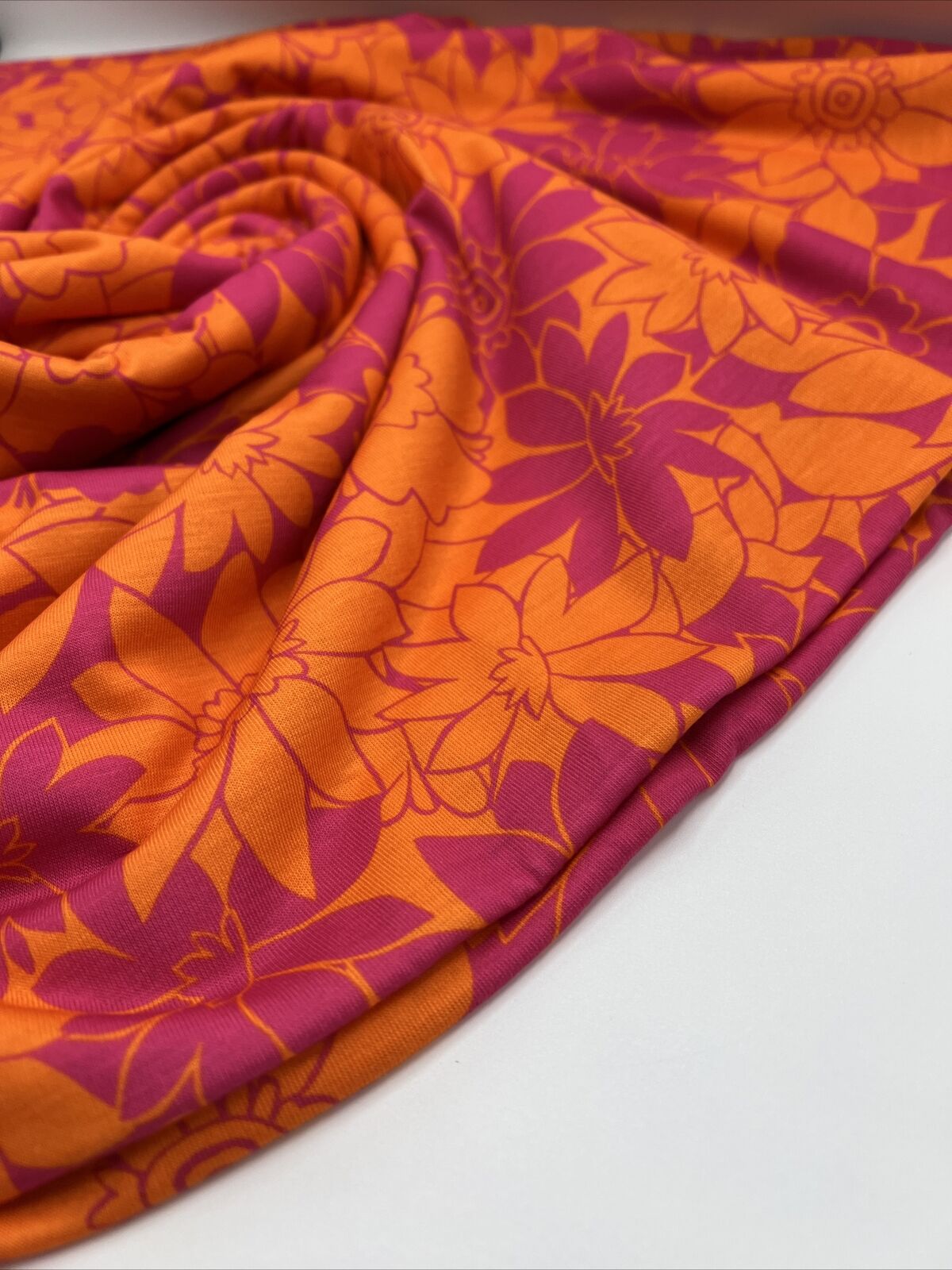 Purple Orange Floral Print Spun Poly Stretch Fabric