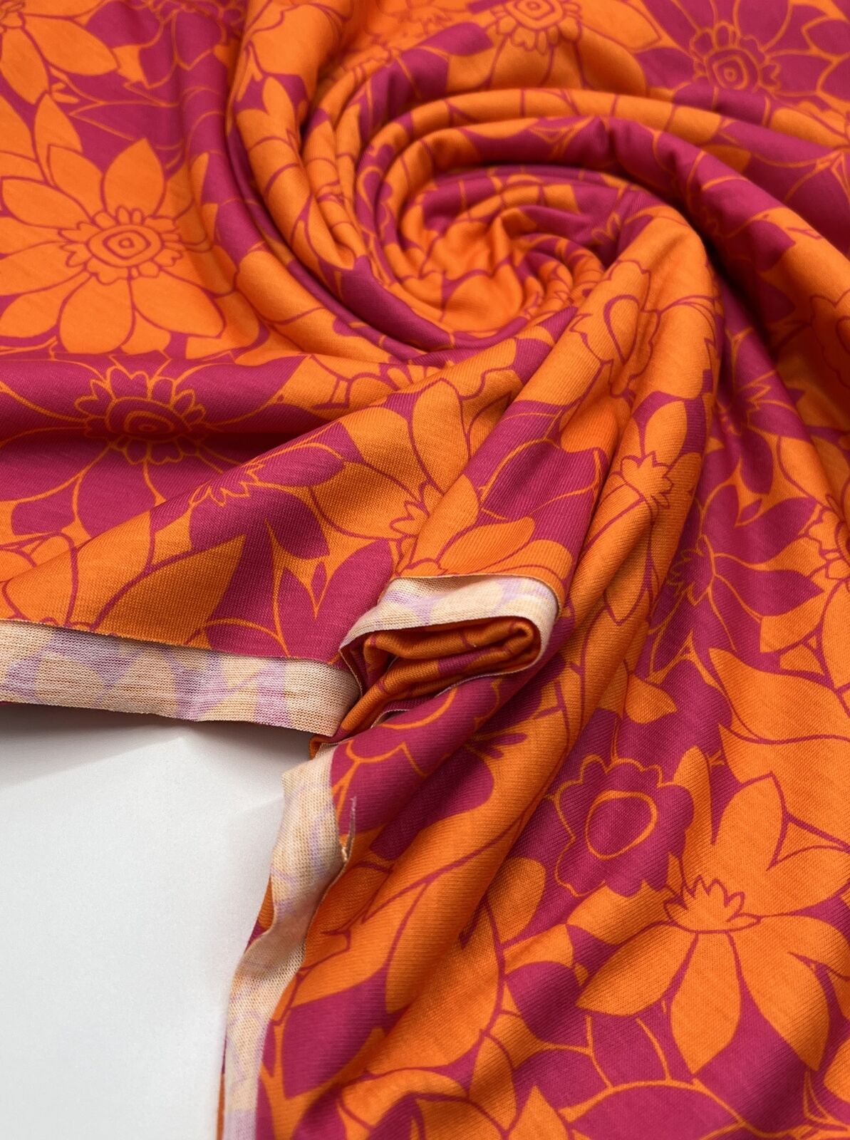 Purple Orange Floral Print Spun Poly Stretch Fabric