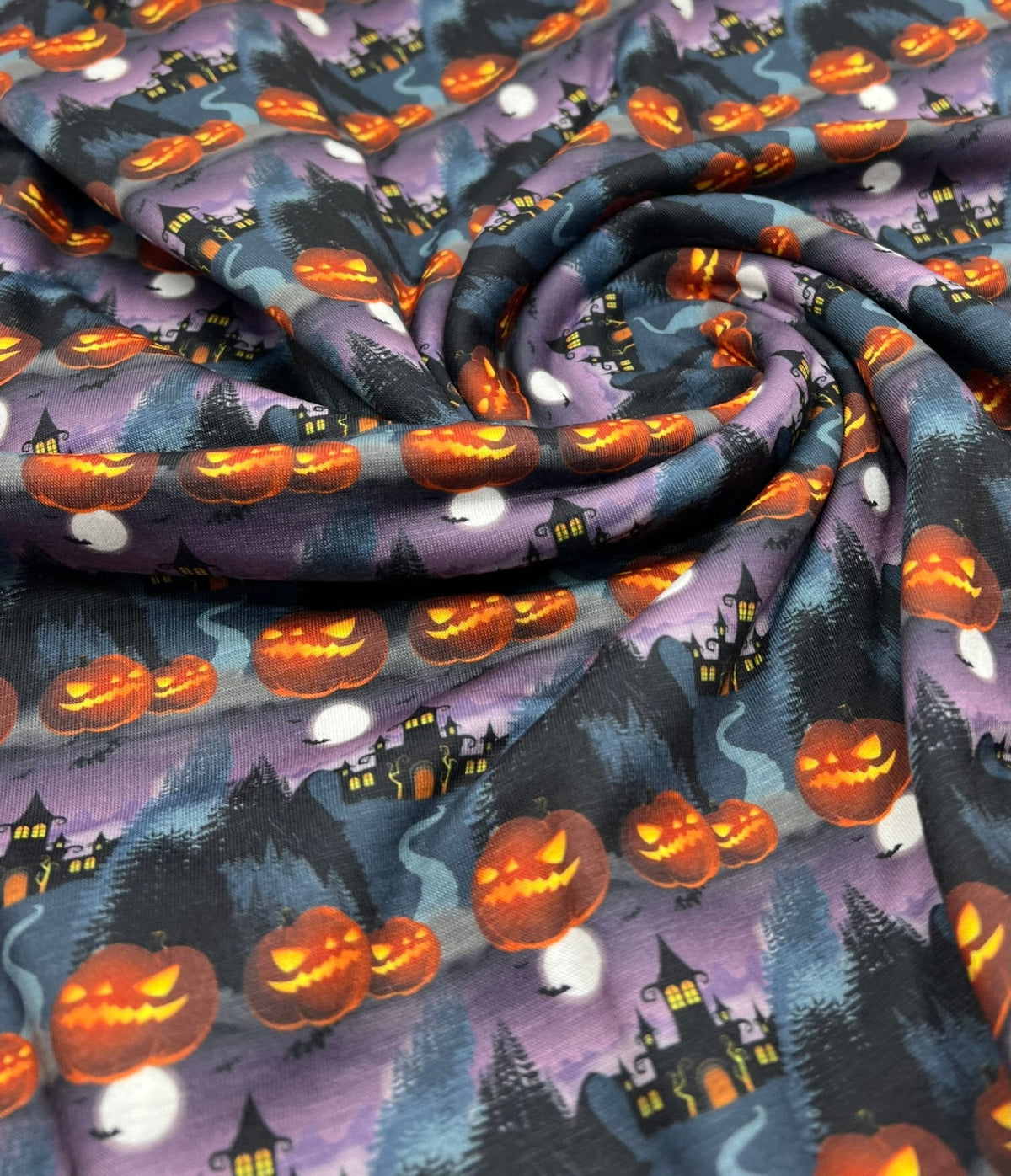 Purple Pumpkin Castle Halloween Print Spun Poly Stretch Fabric