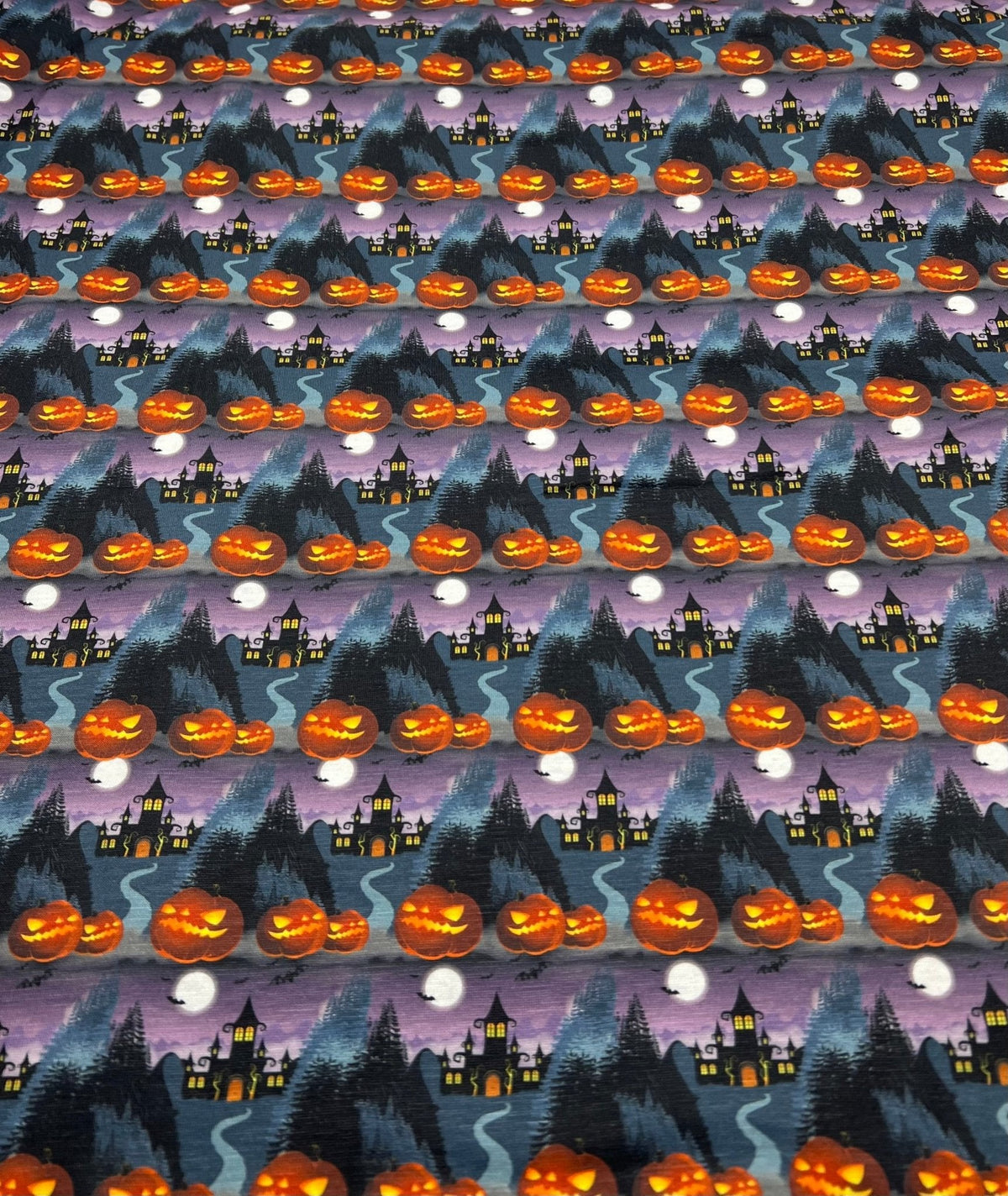 Purple Pumpkin Castle Halloween Print Spun Poly Stretch Fabric