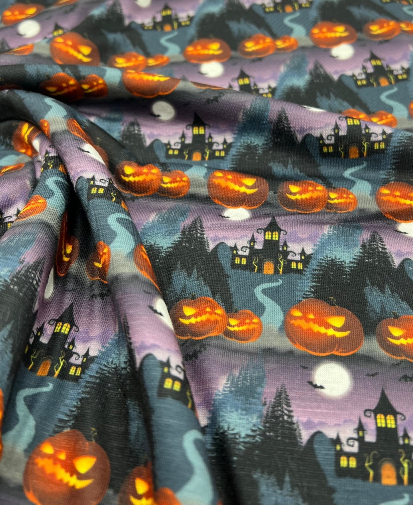 Purple Pumpkin Castle Halloween Print Spun Poly Stretch Fabric