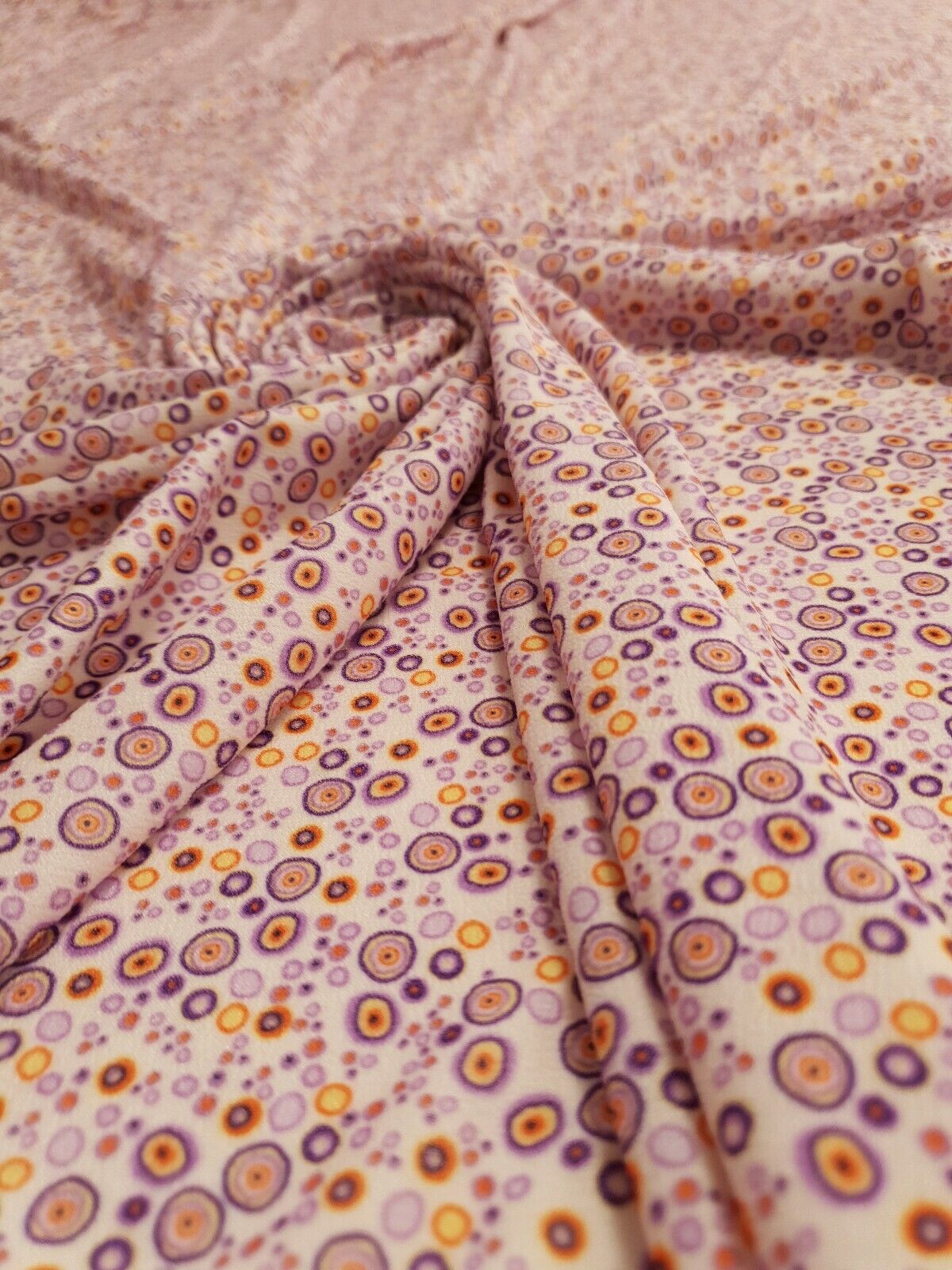 Purple Small Circles Print Lightweight Jersey Crepe Fabric 4 Way Stretch