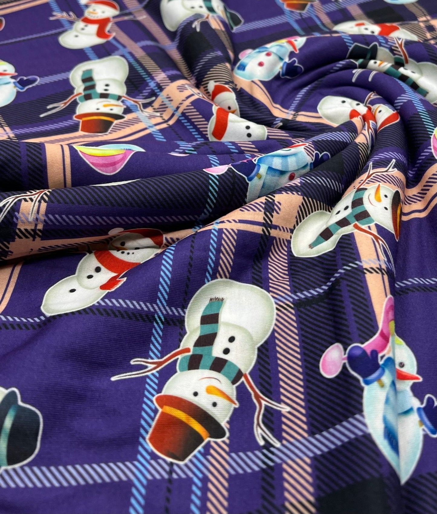 Purple Tartan Snowman Print Soft Spun Poly Stretch Fabric