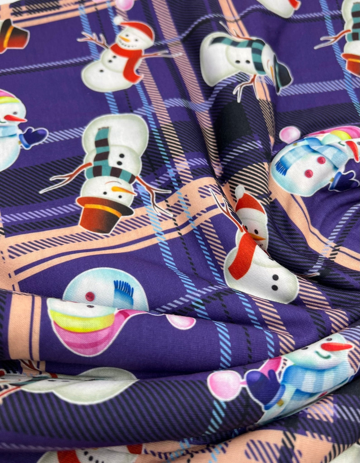 Purple Tartan Snowman Print Soft Spun Poly Stretch Fabric