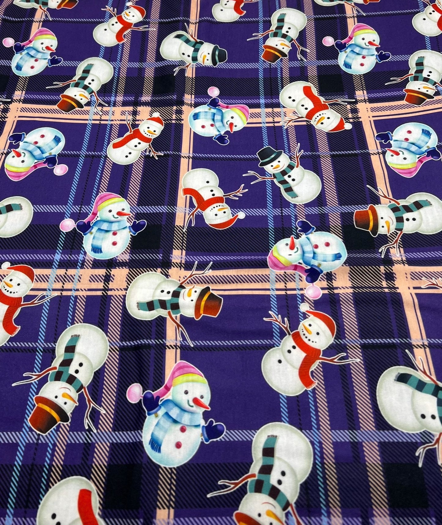 Purple Tartan Snowman Print Soft Spun Poly Stretch Fabric
