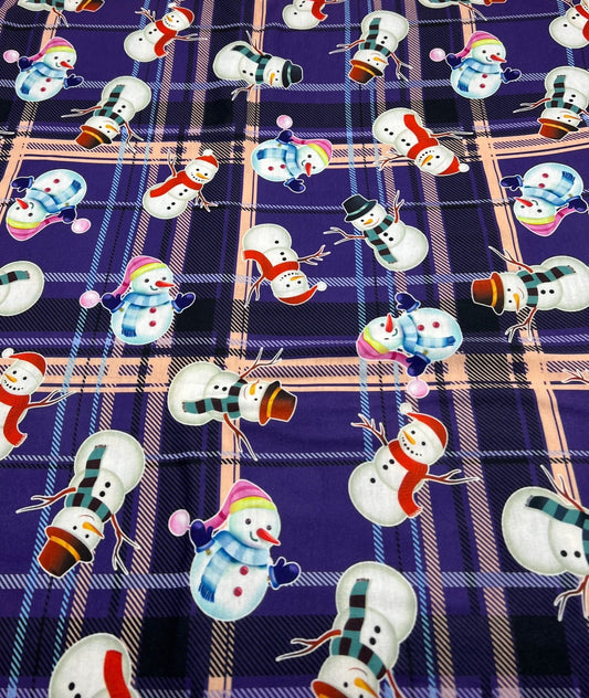 Purple Tartan Snowman Print Soft Spun Poly Stretch Fabric