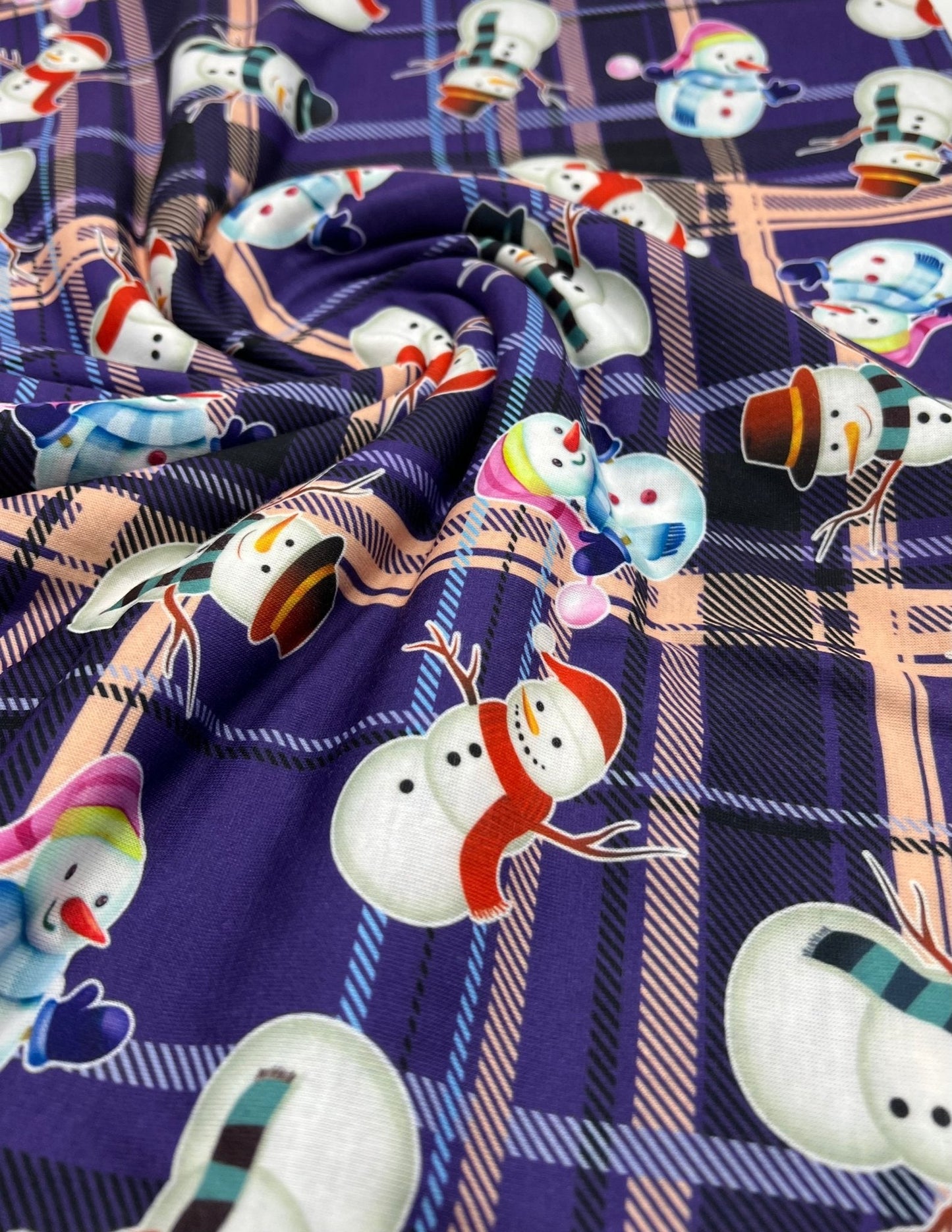 Purple Tartan Snowman Print Soft Spun Poly Stretch Fabric