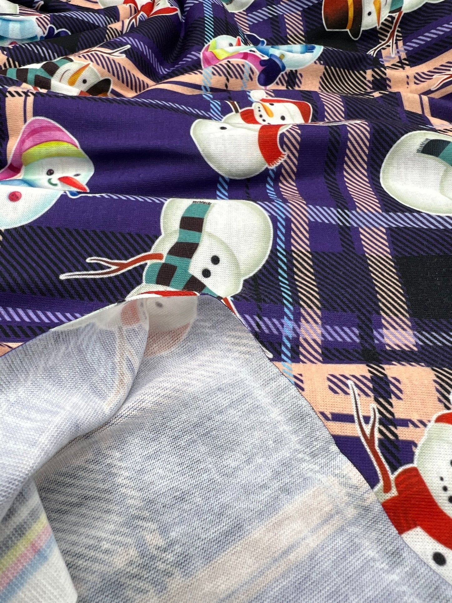 Purple Tartan Snowman Print Soft Spun Poly Stretch Fabric