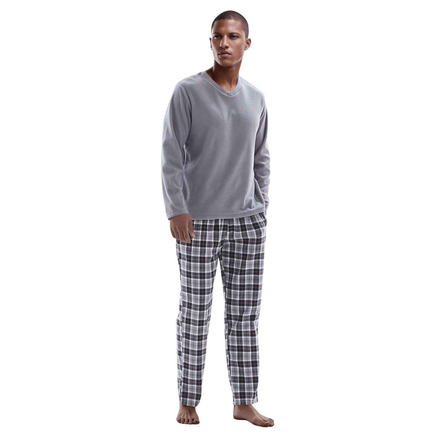 Men's Fleece Pyjama Sets: Cozy Grey Top with Black Cotton Bottoms