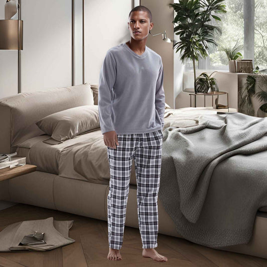 Men's Fleece Pyjama Sets: Cozy Grey Top with Black Cotton Bottoms