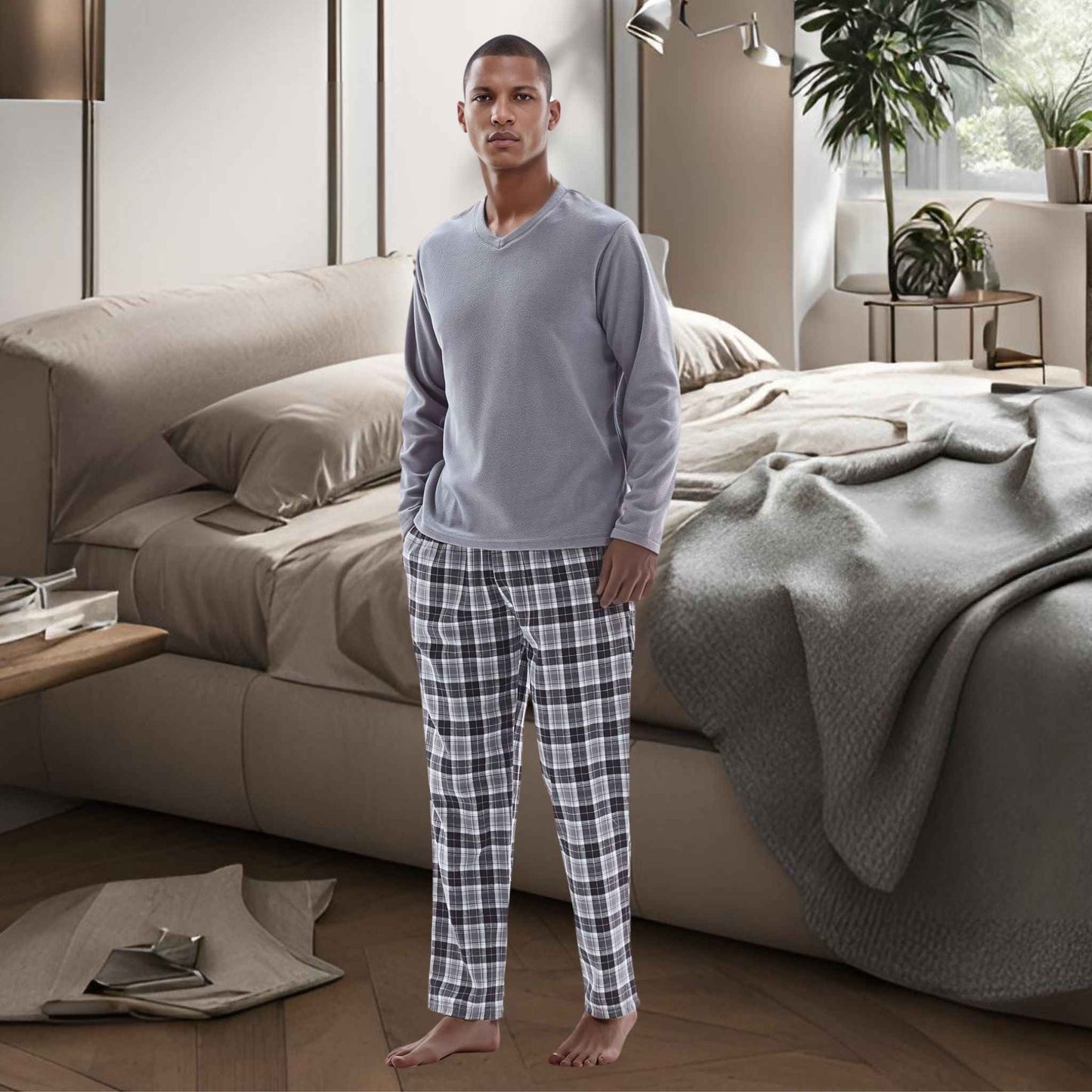 Men's Fleece Pyjama Sets: Cozy Grey Top with Black Cotton Bottoms