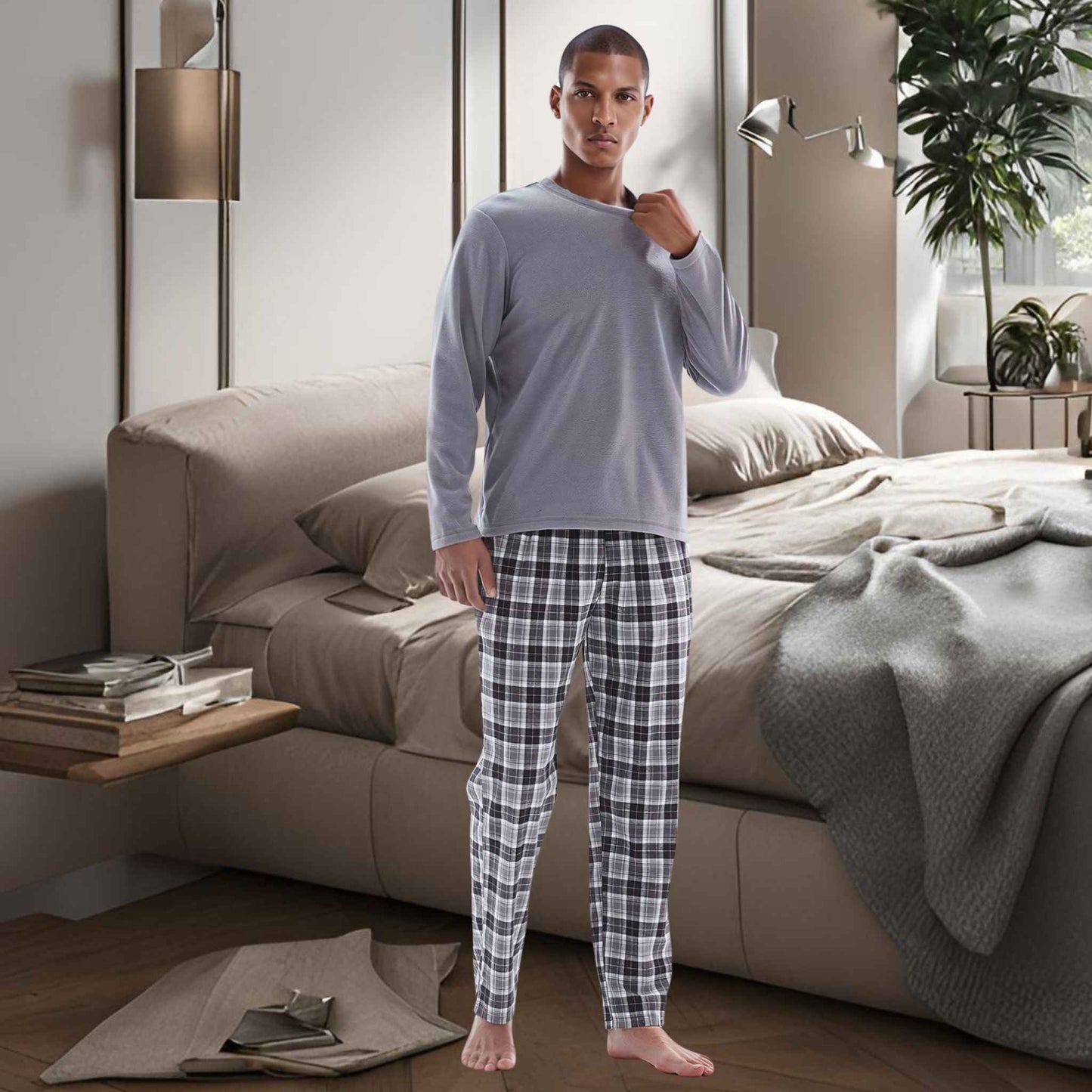 Men's Fleece Pyjama Sets: Cozy Grey Top with Black Cotton Bottoms
