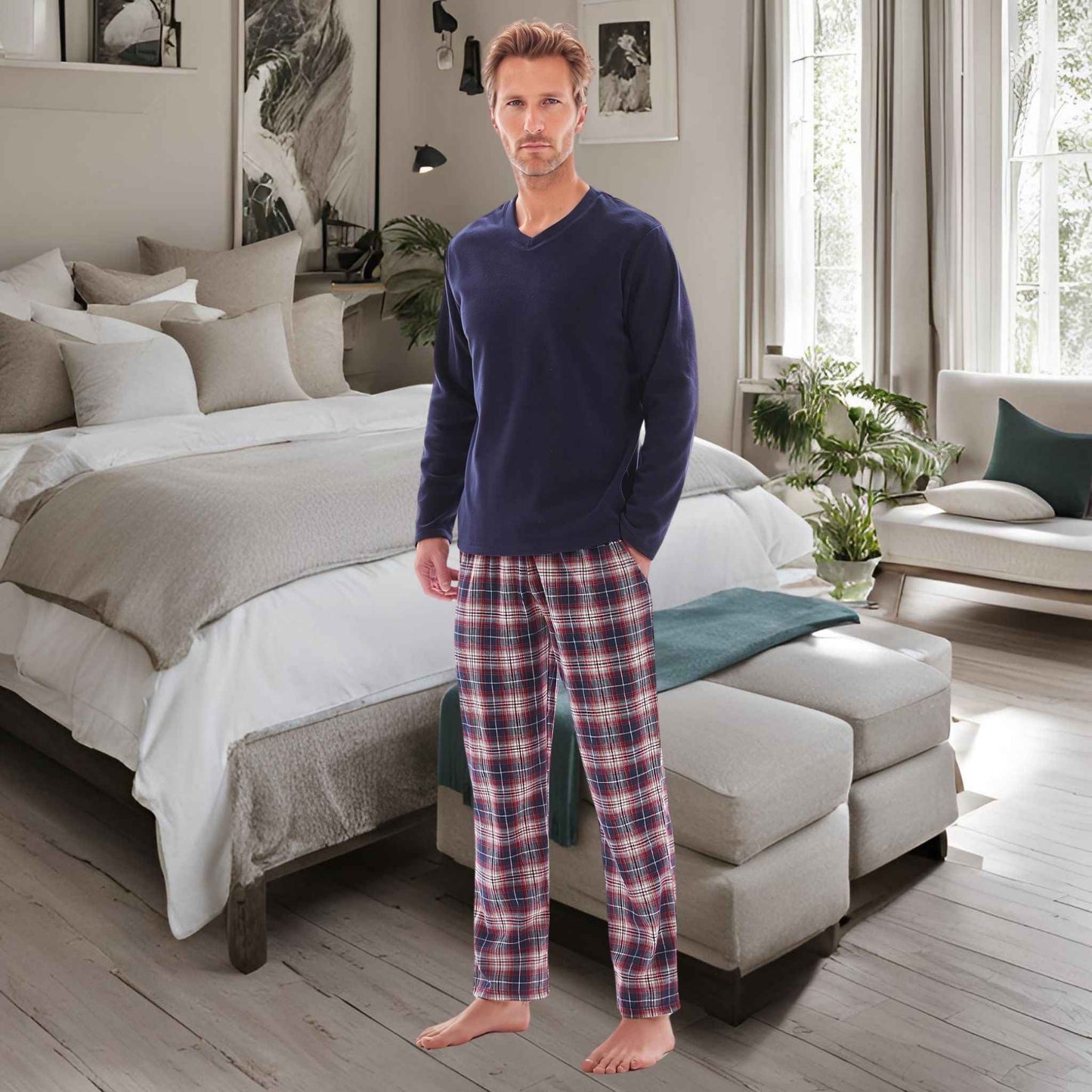 Men's Fleece Pajama Set - Long Sleeve Top with Cotton Flannelette Pants
