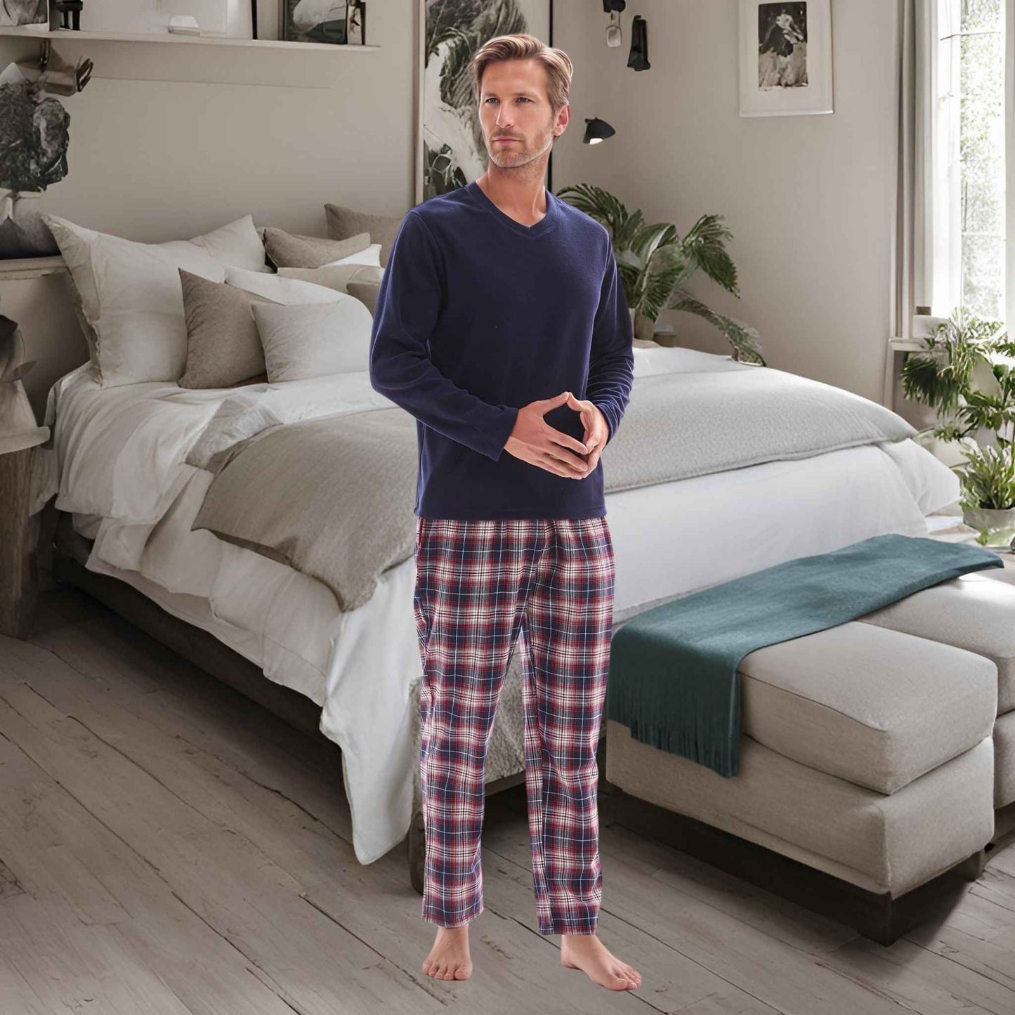 Men's Fleece Pajama Set - Long Sleeve Top with Cotton Flannelette Pants
