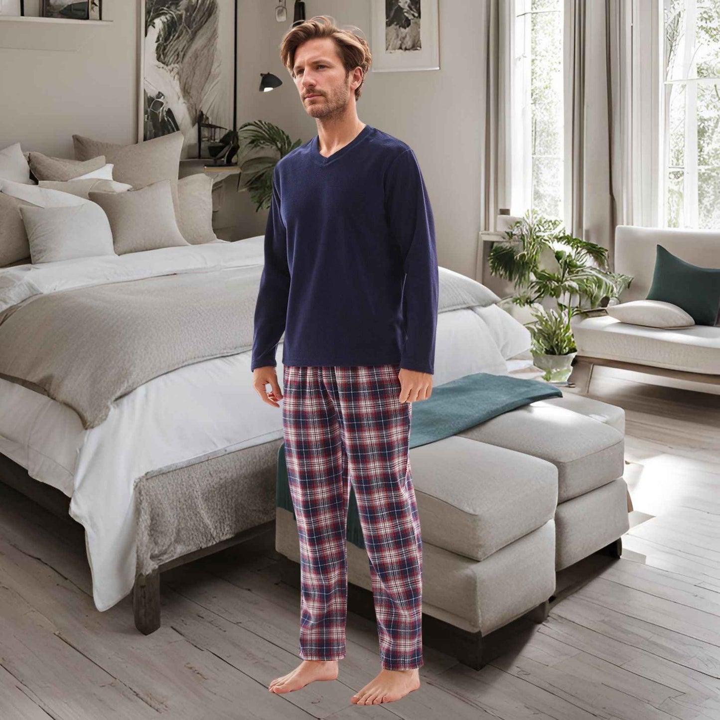 Men's Fleece Pajama Set - Long Sleeve Top with Cotton Flannelette Pants