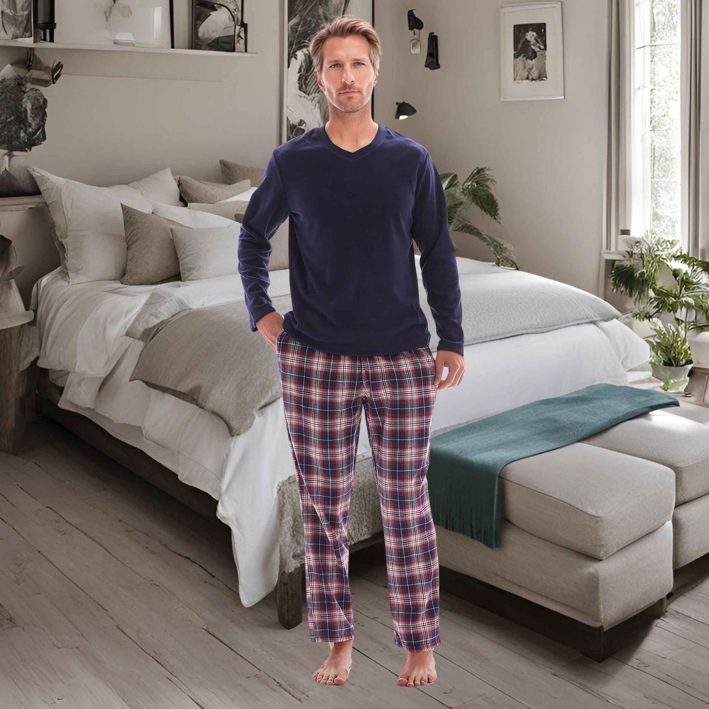Men's Fleece Pajama Set - Long Sleeve Top with Cotton Flannelette Pants