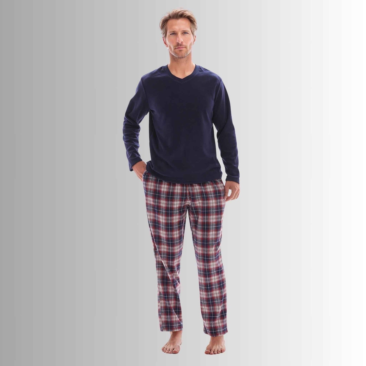 Men's Fleece Pajama Set - Long Sleeve Top with Cotton Flannelette Pants