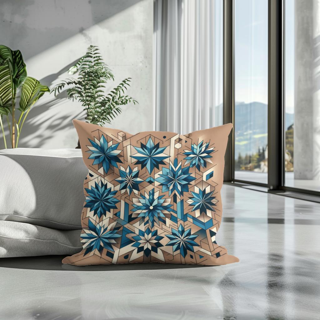 Geometric Blue Blossoms Cotton Cushion