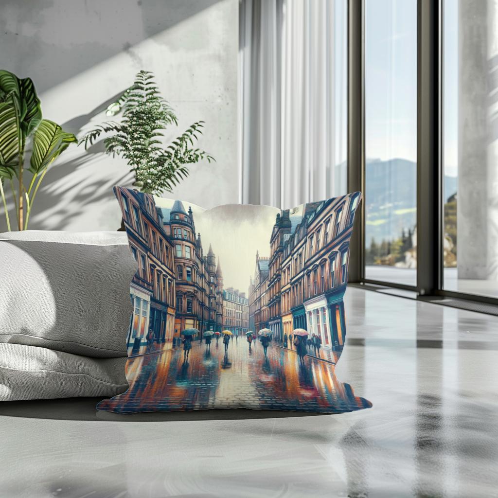 Rainy Glasgow Street Cotton Cushion