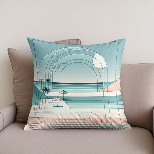 Pastel Shores: A Geometric Seaside Cotton Cushion