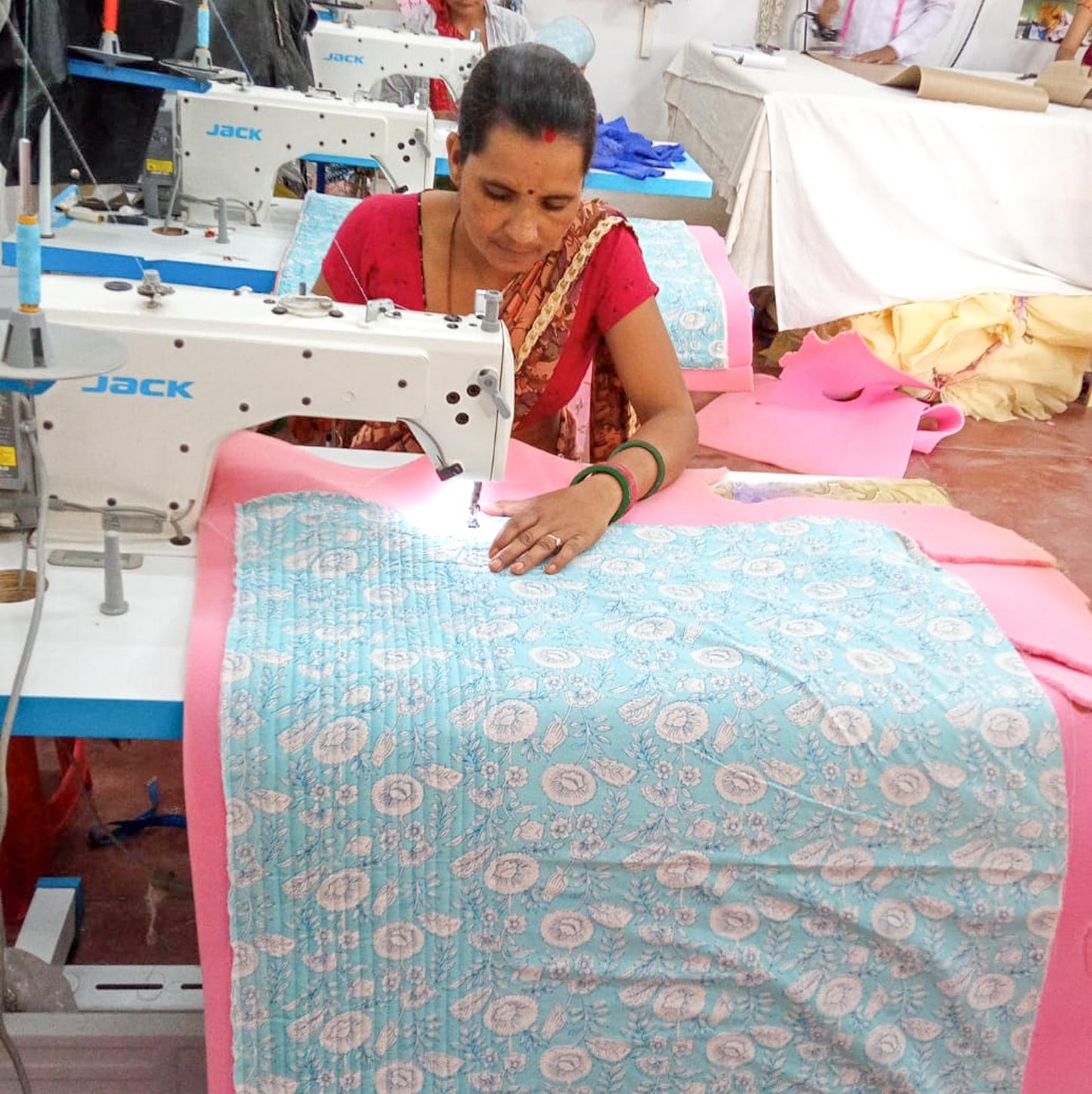 Quilted block print make up bag, large cosmetic pouch