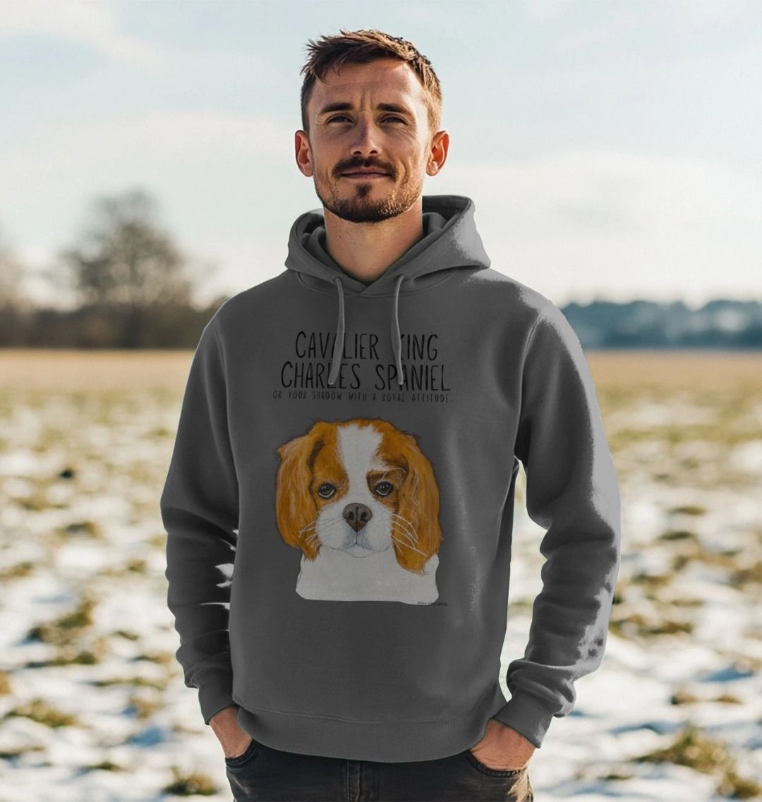 Crowned & Cozy: Sustainable Men's Hoodie Featuring Your Cavalier King (or Queen)