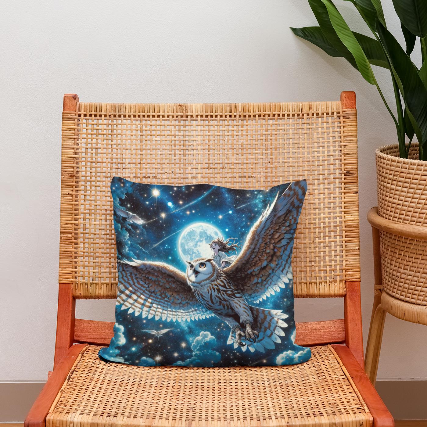 Moonlit Owl Ride Cotton Cushion