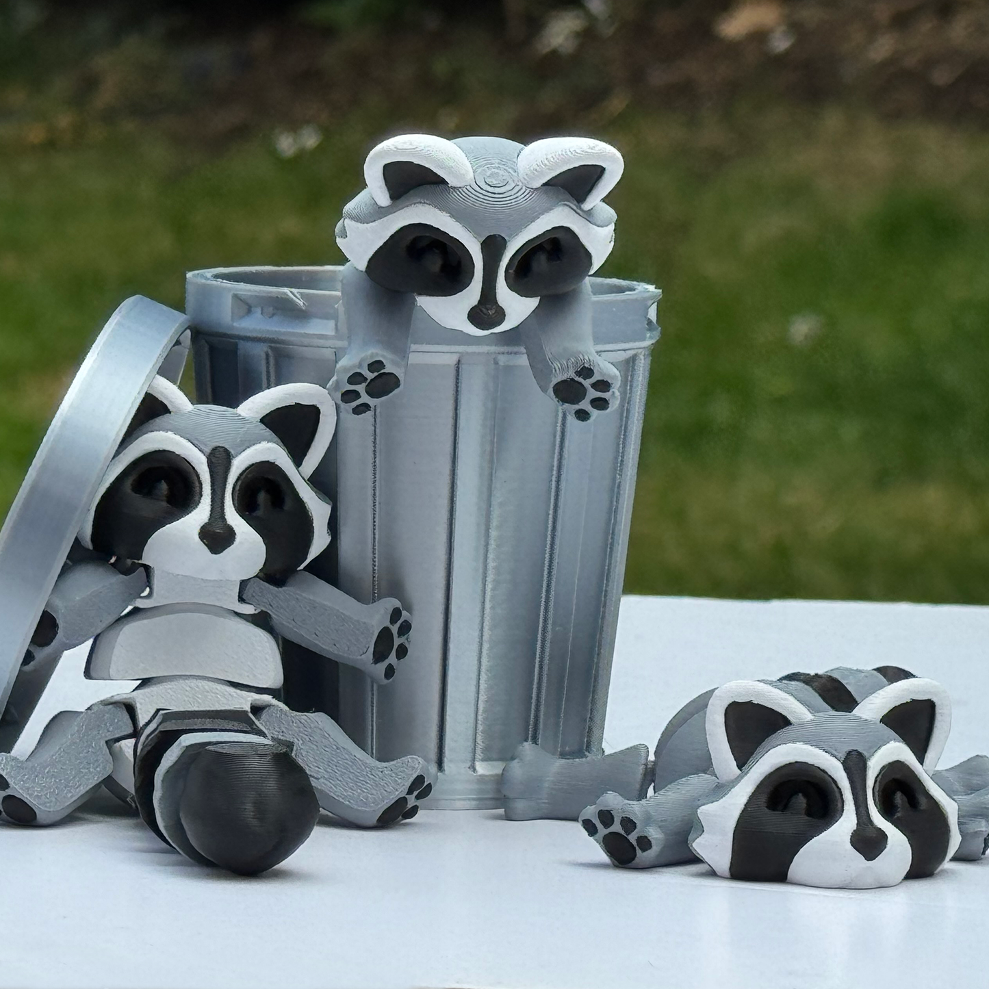 3D Printed Raccoon in a Trash Can | Articulated Desk Toy & Unique Gift