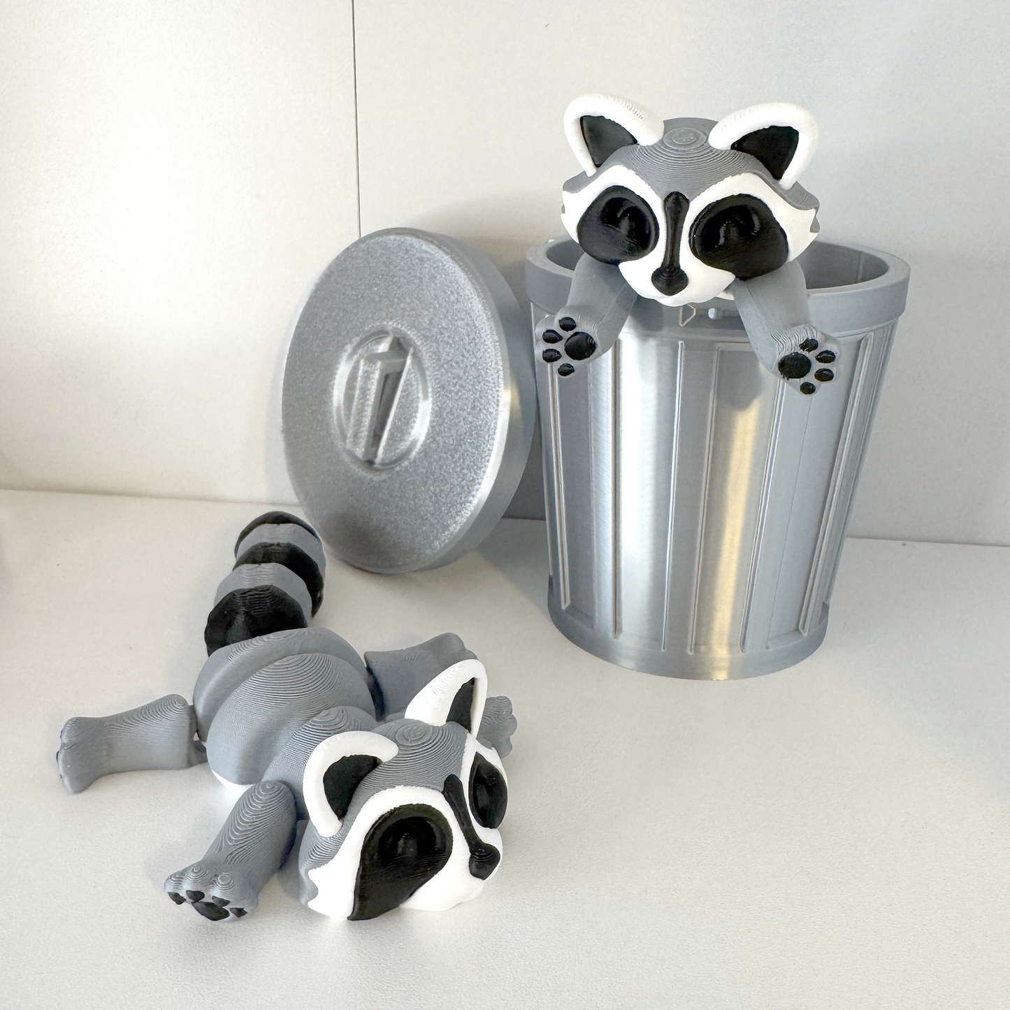 3D Printed Raccoon in a Trash Can | Articulated Desk Toy & Unique Gift