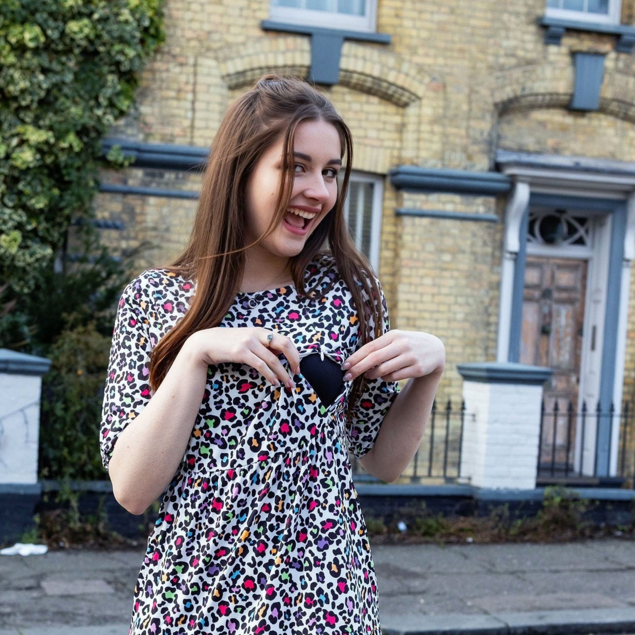 The Midi Breastfeeding Dress - Rainbow Leopard